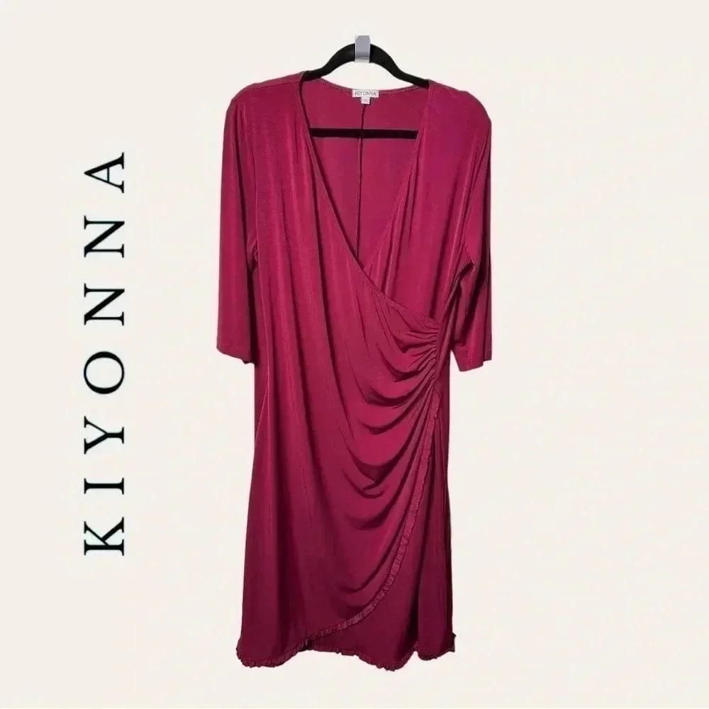 0457W. KIYONNA WRAP MIDI DRESS‎ MAROON IN COLOR SIZE 1 (1X) RUFFLES 3/4 SLEEVES